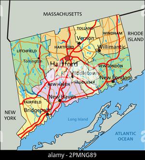 Connecticut - Mappa politica modificabile molto dettagliata con etichettatura. Illustrazione Vettoriale