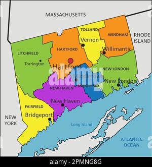 Mappa politica del Connecticut colorata con livelli separati chiaramente etichettati. Illustrazione vettoriale. Illustrazione Vettoriale