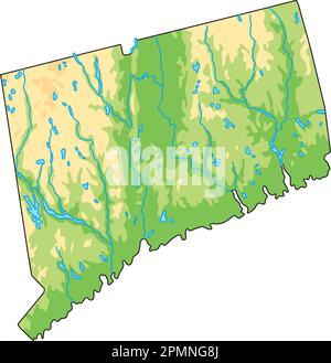 Mappa fisica del Connecticut dettagliata con etichettatura. Illustrazione Vettoriale