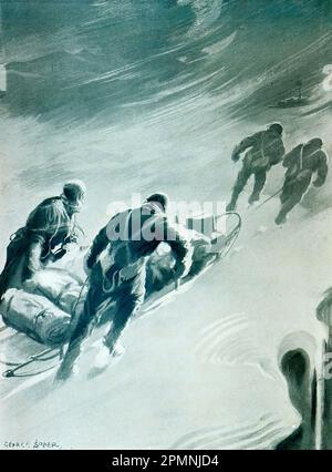 Una Relay Party in un Blizzard. La spedizione Nimrod. Ernest Shackleton. Spedizione Antartica britannica. Da un anno legato: L'anno meraviglioso, 1909. Un resoconto illustrato dei risultati e degli eventi degni di nota del Daily News, Londra e Manchester, pubblicato da Headley Brothers, 1909. Foto Stock