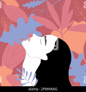 Donna in profilo con la testa girata su uno sfondo di vari fiori luminosi. Bellezza femminile e natura. Grafica vettoriale disegnata a mano Illustrazione Vettoriale