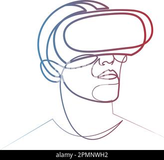 Uomo che indossa occhiali per realtà virtuale disegno a linea continua. Una line art di un giovane uomo sta sperimentando la realtà virtuale attraverso un visore VR. Gradiente Illustrazione Vettoriale