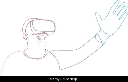 Disegno a linea continua uomo che indossa occhiali per realtà virtuale. Young Male utilizza gli occhiali VR per giocare con un unico stile artistico. Vettore ill Illustrazione Vettoriale