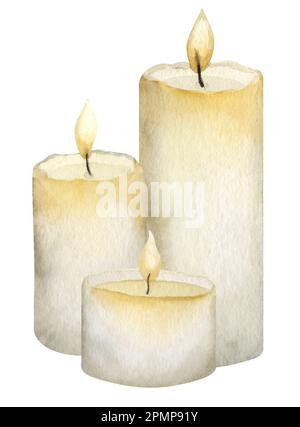 Candele acquerello su sfondo isolato. Illustrazione disegnata a mano di cera Candlelight per biglietti d'auguri di Natale o invito alla festa. Arredamento classico tradizionale. Oggetto accogliente per aromaterapia. Foto Stock