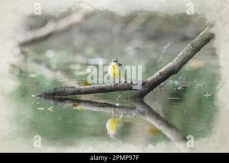 Una pittura digitale di acquerello di un Wagtail grigio, Motacilla cinerea su un ramo d'albero nell'acqua con riflessione nel Regno Unito. Foto Stock