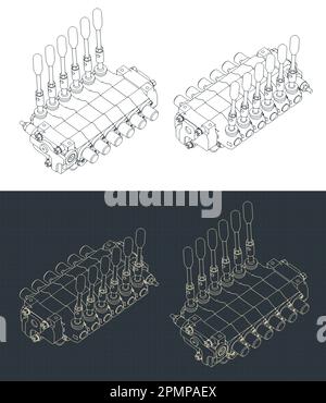 Illustrazione vettoriale stilizzata di schemi isometrici della valvola di controllo direzionale idraulica Illustrazione Vettoriale