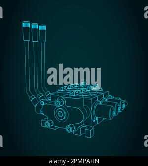 Illustrazione vettoriale stilizzata del modello della valvola di controllo direzionale idraulica Illustrazione Vettoriale