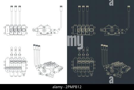 Illustrazione vettoriale stilizzata dei progetti della valvola di controllo direzionale idraulica Illustrazione Vettoriale