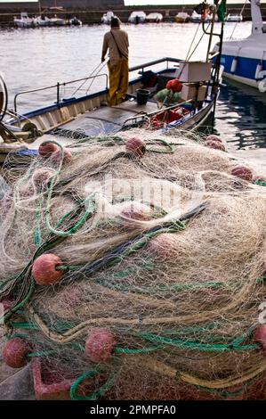Reti da pesca su una barca nel porto di Collioure; Collioure, Pyrenees Orientales, Francia Foto Stock
