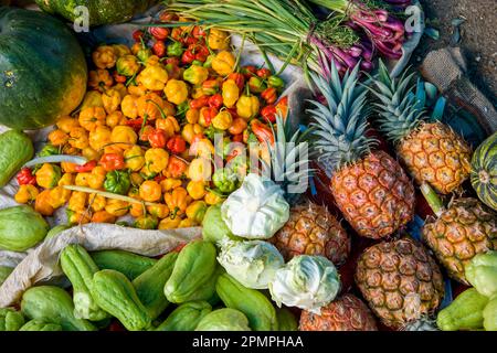 La gente del posto giamaicana vende prodotti freschi nella città di Newmarket, chiamata appunto Newmarket, Giamaica Foto Stock