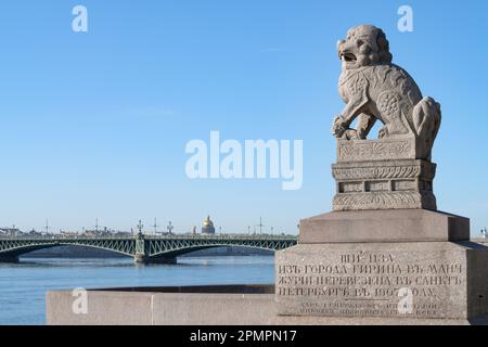 SAN PIETROBURGO, RUSSIA - 09 APRILE 2023: Scultura di Shi-Tza (mitico leone custode) sullo sfondo del Ponte della Trinità in un giorno di sole aprile Foto Stock