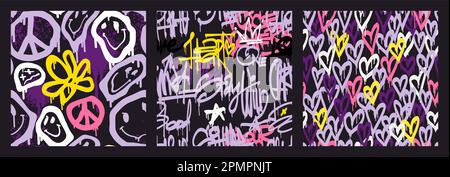 I motivi groovy Smile senza cuciture sono in stile Urban Street art graffiti. Stampa slogan tipografico con cuori e buffa margherita felice. Retrowave con stile 90s. Design sotterraneo in rosa viola al neon Illustrazione Vettoriale