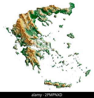 Grecia. Rappresentazione 3D dettagliata di una mappa a rilievo ombreggiata con fiumi e laghi. Colorato dall'elevazione. Sfondo bianco. Creato con i dati satellitari. Foto Stock