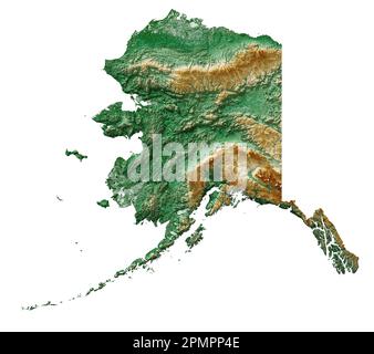 Stato dell'Alaska negli Stati Uniti. Rendering 3D estremamente dettagliato di una mappa in rilievo ombreggiata con fiumi e laghi. Colorato dall'elevazione. Creato con i dati satellitari. Foto Stock