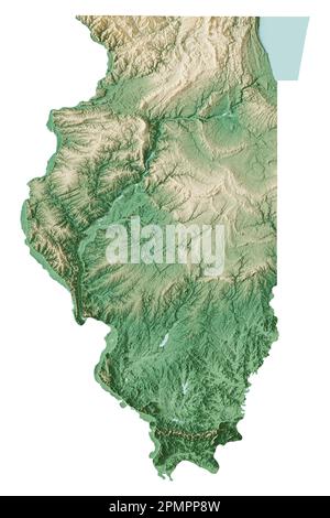 Stato dell'Illinois degli Stati Uniti. Rendering 3D estremamente dettagliato di una mappa in rilievo ombreggiata con fiumi e laghi. Colorato dall'elevazione. Creato con i dati satellitari. Foto Stock