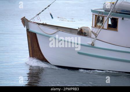 Primo piano di un pescatore che cavalca su una barca da pesca all'ingresso del porto di Sitka, Alaska, Stati Uniti; Sitka, Alaska, Stati Uniti d'America Foto Stock