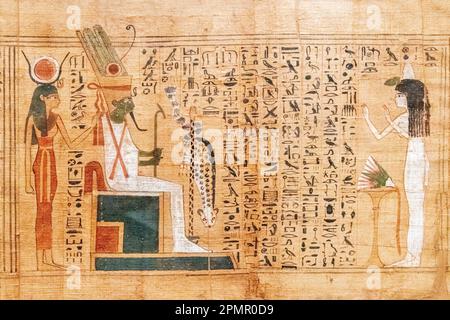 Un'antica scrittura papiro originale con geroglifici esposta al Museo delle antichità egizie del Cairo, in Egitto Foto Stock