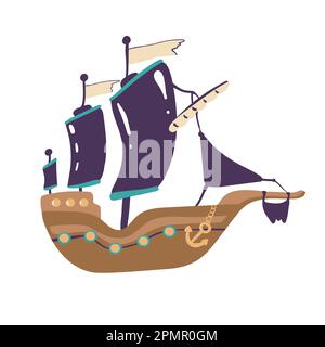 Nave pirata con bandiera e vele nere con cranio. Illustrazione del vettore piatto, Illustrazione Vettoriale