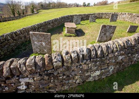 Le tombe Riley e la tomba racchiusa da un muro di pietra, le tombe di tutta la famiglia Hancock. Che tutti sono morti di peste nel distretto di Eyam Peak Derbyshire Foto Stock