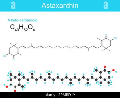 Astaxantina. formula strutturale chimica molecolare e modello di cheto-carotenoide. Illustrazione vettoriale Illustrazione Vettoriale