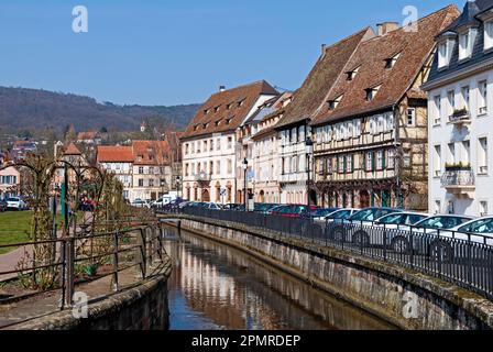 Insieme di edifici sul Lauter, Wissembourg, Parco naturale dei Vosgi del Nord, Vosgi, Alsazia, Francia Foto Stock