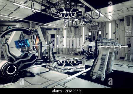 Sala di controllo fantascienza futuristica luminosa in una nave spaziale o stazione con attrezzature high tech. Illustrazione 3D. Foto Stock