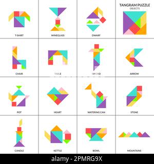 Tangram puzzle. Set vettoriale con vari oggetti. Illustrazione Vettoriale
