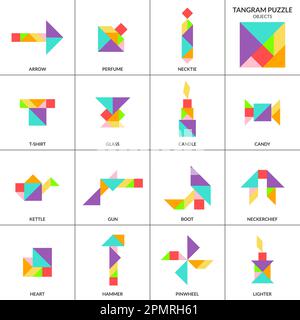 Tangram puzzle. Set vettoriale con vari oggetti. Illustrazione Vettoriale