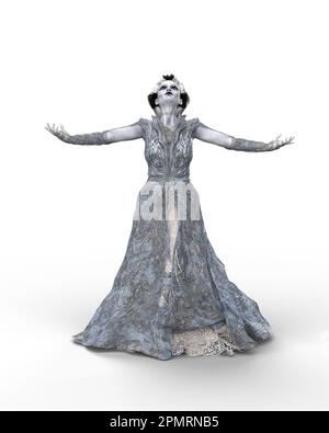 3D illustrazione di una sposa mostro fantasy horror story che tiene le braccia e guarda il cielo isolato su uno sfondo bianco. Foto Stock
