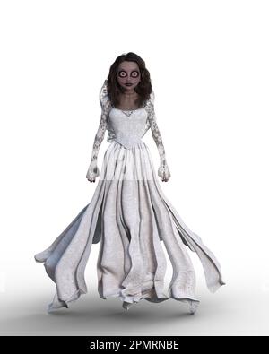 3D rendering di una sposa fantasma di Halloween cartoon in un abito bianco che galleggia dal terreno isolato su uno sfondo bianco. Foto Stock