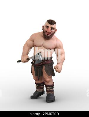 3D illustrazione di un nano fantasy o di un guerriero babariano che tiene un'ascia da battaglia isolata su uno sfondo bianco. Foto Stock