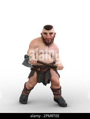 3D illustrazione di un personaggio nano fantasy o guerriero babariano in piedi con un'ascia nelle sue mani isolata su uno sfondo bianco. Foto Stock