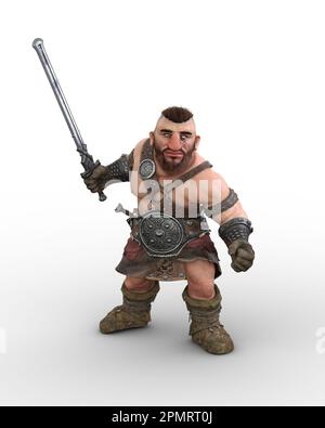 3D illustrazione di un personaggio fantasy nano o barbaro guerriero in posa di combattimento con una spada isolata su sfondo bianco. Foto Stock