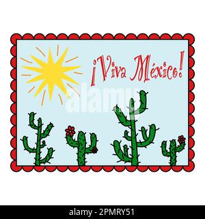 Cartolina, biglietto d'auguri o stampa magnetica frigorifero con testo cactus, sole e Viva Mexico, disegno vettoriale in stile doodle Illustrazione Vettoriale