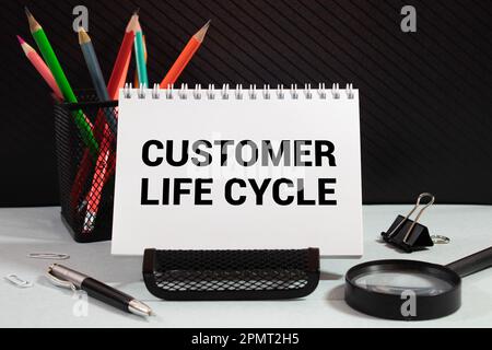 Bolla vocale Customer Life Cycle e lente di ingrandimento nera isolati su sfondo giallo. Foto Stock