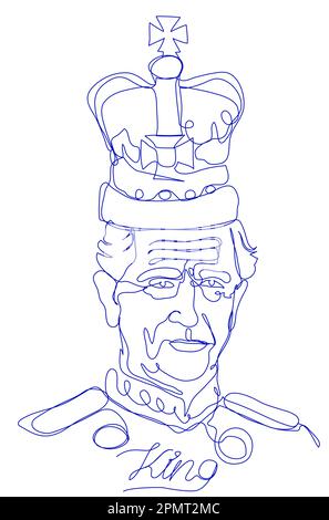 Re Carlo III indossando una corona a linea singola su sfondo bianco. Illustrazione Vettoriale