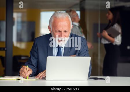 Uomo d'affari maturo che lavora su un computer portatile. Bel leader aziendale maturo in un ufficio moderno Foto Stock