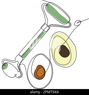 Disegno continuo di una linea di scrubbing e cura della pelle del corpo con prodotti naturali per la cura della pelle alle erbe, vista dall'alto degli ingredienti. Illustrazione vettoriale Illustrazione Vettoriale