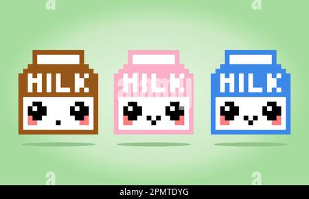 Latte Doodle box. Carino latte pixel, vaniglia, marrone e fragola gusto. Illustrazione dei vettori pixel ART. Illustrazione Vettoriale