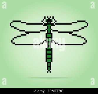 Libellula pixel a 8 bit. Pixel animali per le risorse di gioco nell'illustrazione vettoriale. Illustrazione Vettoriale