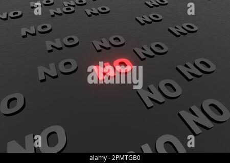 Nessun simbolo o segno di nope su sfondo nero rendering 3D. Dire no o non come modello. Viste di negazione Foto Stock
