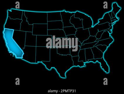 Mappa degli Stati Uniti della california con i confini degli stati uniti su sfondo nero. Foto Stock
