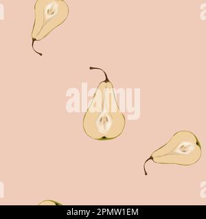 motivo senza cuciture delle metà di una pera. modello digitale per tessuti, imballaggi, sfondi, abbigliamento. belle pere succose su un grigio e pesca Foto Stock