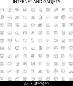 Internet e gadjets delineano la collezione di icone. Gadget, Internet, tecnologia, dispositivi, connettività, Computer, Set di illustrazioni vettoriali di rete Illustrazione Vettoriale