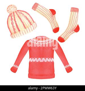 Maglieria acquerello disegnata a mano: Un maglione, calze e un cappello. v Foto Stock