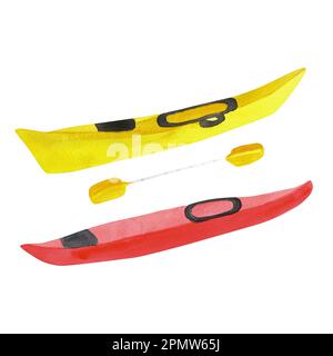 Barche in kayak in acquerello disegnate a mano isolate su bianco. Una piccola parte del set ISLANDESE. Foto Stock