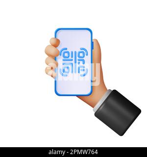 3D icona del codice QR sullo smartphone in mano Illustrazione Vettoriale