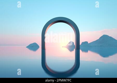 rendering 3d, sfondo futuristico astratto con forme geometriche, scenario zen minimalista, carta da parati panoramica. Foto Stock