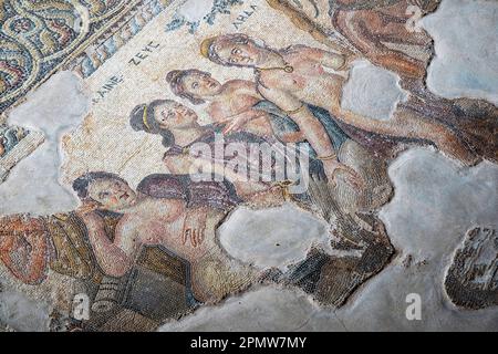 Pannello a mosaico nella Reception Hall della casa di Aion, Sito Archeologico di Kato Pafos, Paphos (Paphos), Pafos District, la Repubblica di Cipro Foto Stock