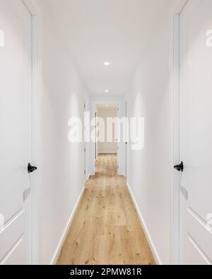 Lungo corridoio diritto stretto con porte sulla sinistra e sulla destra in un mini hotel dopo lavori di ristrutturazione. Concetto di un hotel accogliente e camere per le vacanze o. Foto Stock